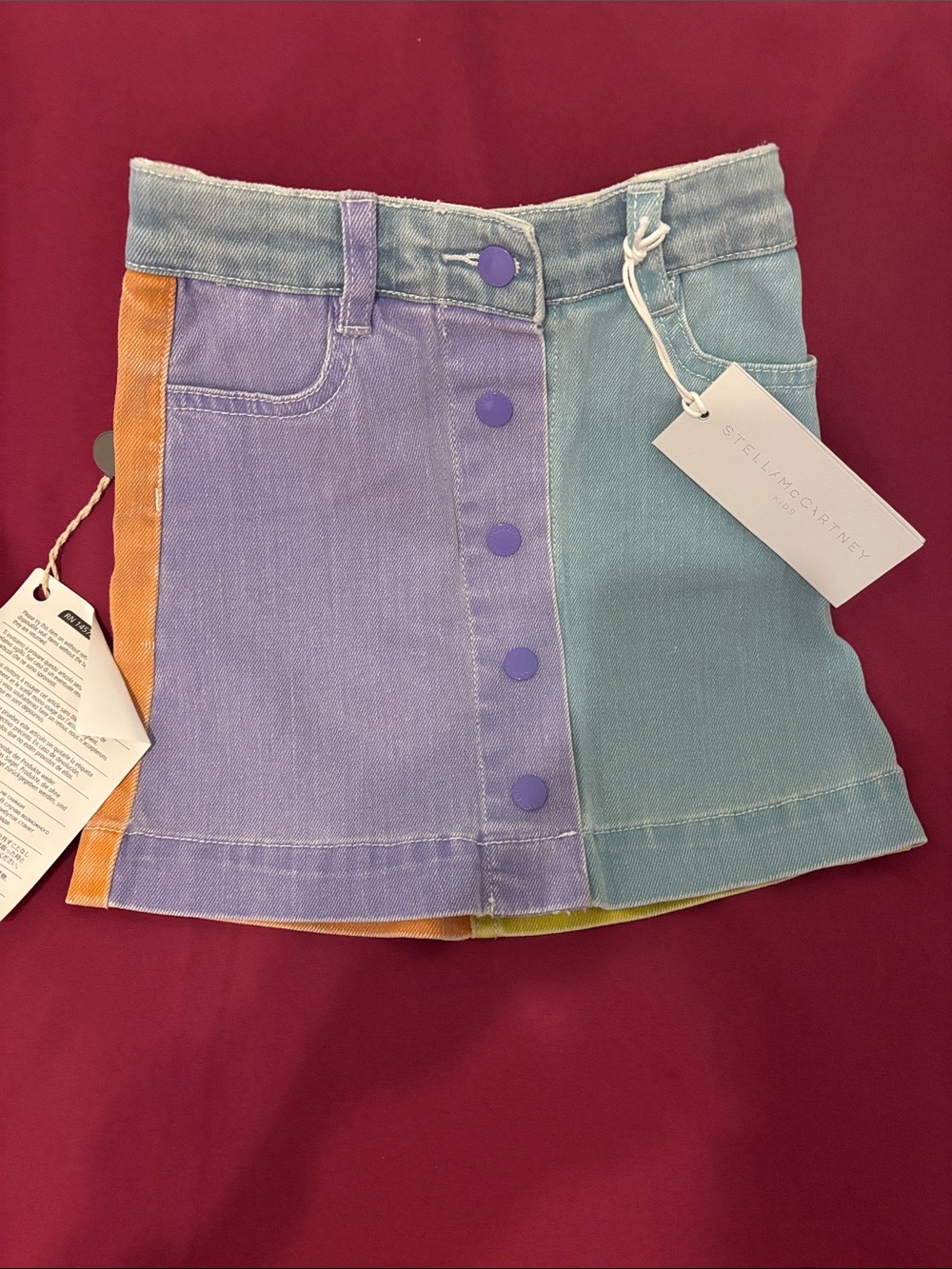 Stella McCartney Kids Pastel Colorblock Denim Skirt in Purple, Blue & Orange
